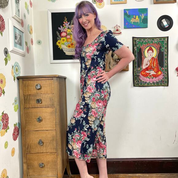 Vintage Floral Rayon Jumpsuit, 1980s Navy & Pink One Piece by Expo, Sz S - Picture 4 of 11
